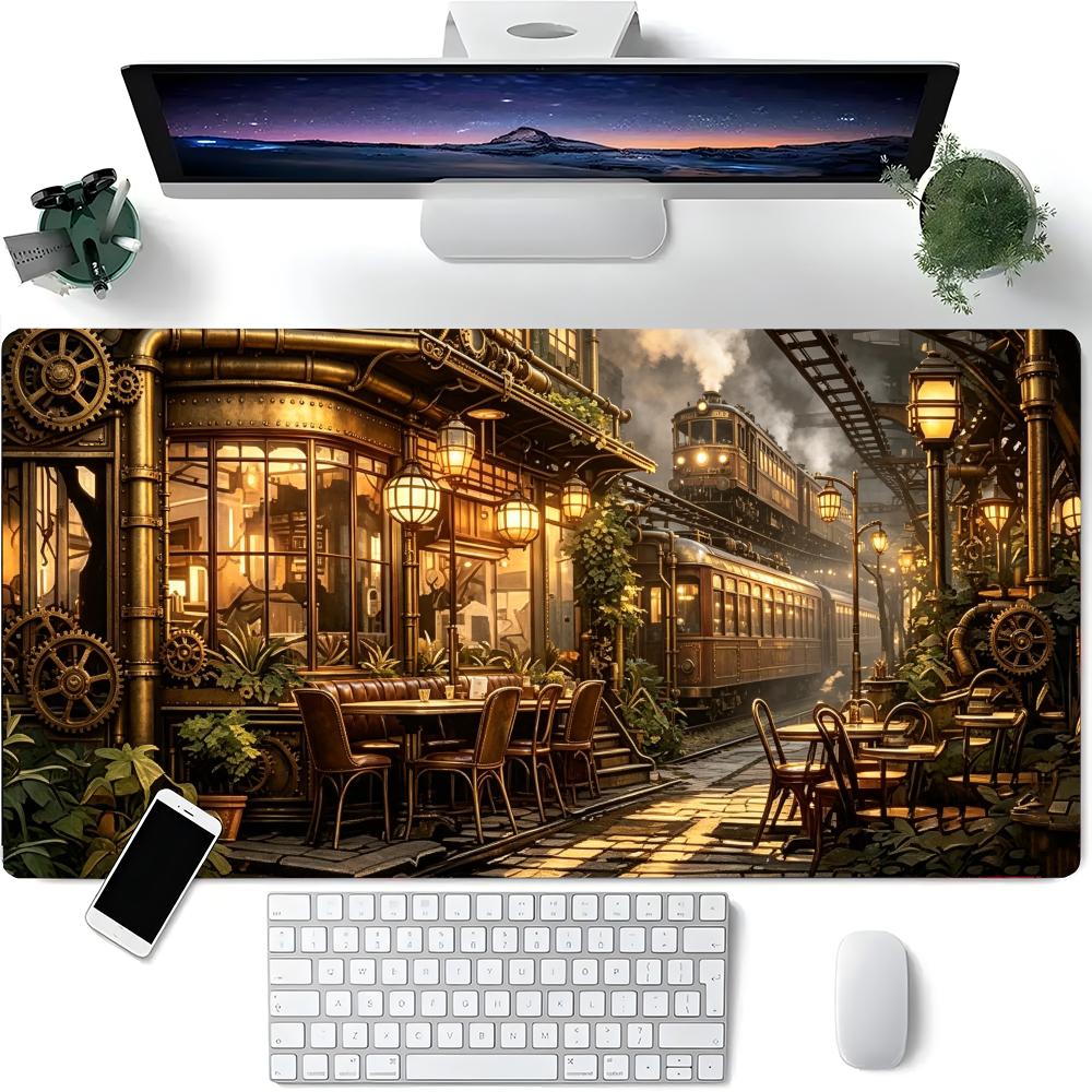 Mouse Gaming Retro - Retro Industrie-Bahnhof Schreibtischunterlage Messinggetriebe Warme Lampe
