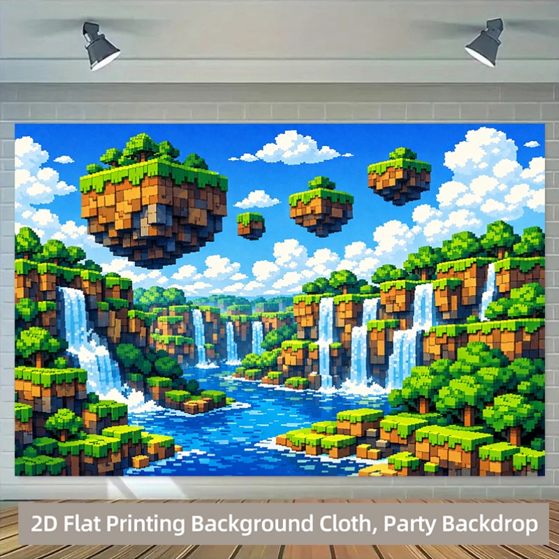 Retro Gaming Banner - 2D Flacher, 1-teiliger Pixel-Wasserfall & Schwimmende